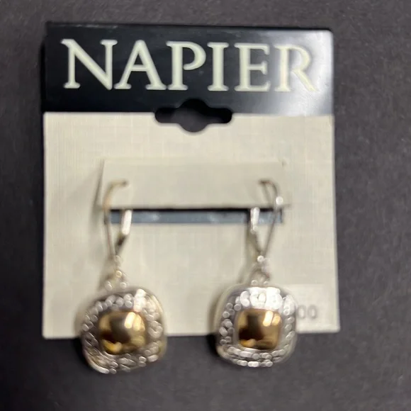 Napier Drop EarringsTwoTone Patterned Design Square Shape Leverback Closure New - Picture 3 of 11